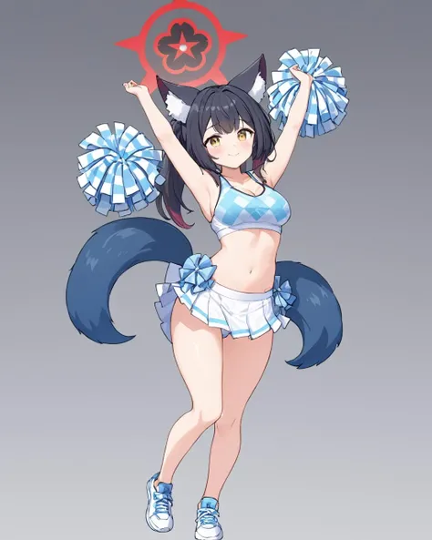 wakamo \(blue archive\),1girl, pom_pom_\(cheerleading\), solo, cheerleader, navel, armpits, hibiki_\(blue_archive\), looking_at_viewer, white_panties, thigh_strap, pantyshot, midriff, halo, smile, animal_ear_fluff, white_skirt, fox_tail, holding_pom_poms, blush, white_footwear, arm_up, fox_girl, sneakers, standing_on_one_leg, large_breasts, grey_background, cosplay, checkered_clothes, leg_up, miniskirt, gradient, virtual_youtuber, closed_mouth, simple_background, crop_top, bare_legs
<lora:Wakamo_image99_v1-000045:1>,halo,. gorgeous,key visual, vibrant, studio anime,award-winning, professional, highly detailed,high budget, cinemascope