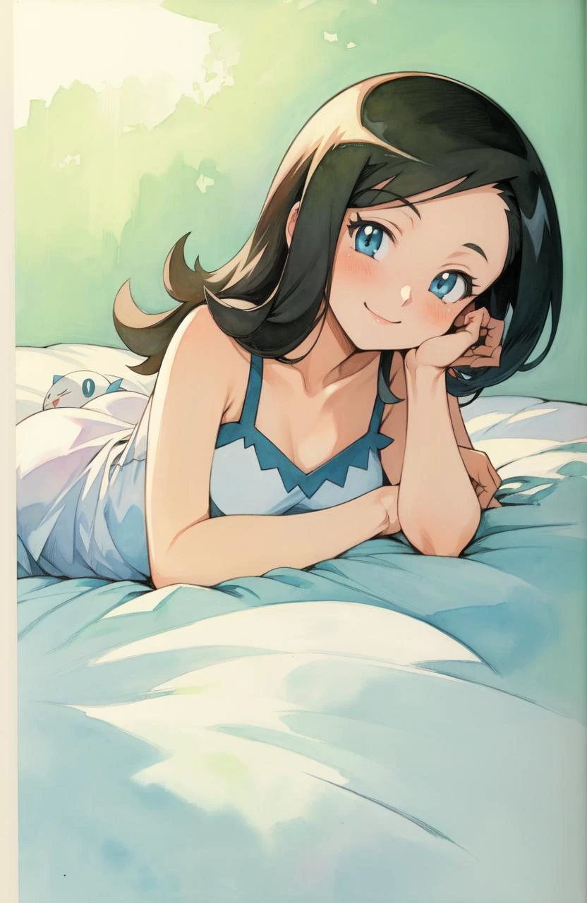 masterpiece, best quality, very aesthetic, absurdres,1990s \(style\), 1girl, solo, Snorlax\(pokemon\), satin nightdress, looking at viewer,smile, head rest, on stomach, full body, bedroom, on bed, pokemon route, 2d, pokemon anime, ((ken sugimori art)), watercolor \(medium\) <lora:lukethighwalkerneonponyv5:1.3>