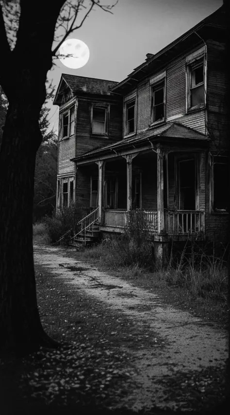 An antique, black-and-white photo, slightly blurred, showing a angry macabre ghost, full-bodied, haunting a spooky derelict house in a nighttime forest. <lora:Aether_Cloud_v1:1.8> <lora:spiderweb:1> <lora:neonthighlingeriesdxl:1>