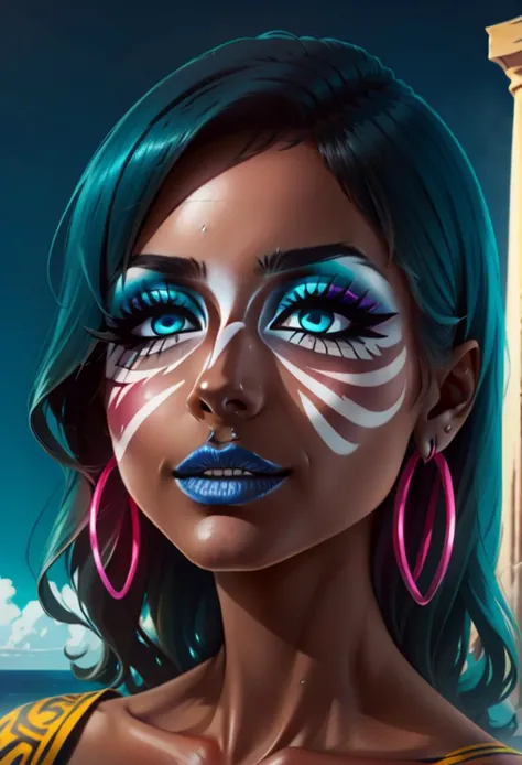 simple, vibrant colors, (high res), HD, 4k, ((best quality:1.3)), beautiful face, detailed face, realistic, 1(( face)), <lora:anime_screencap_v2:.3> solo focus, solo, zoomed in,(up close face shot, close-up face shot), facing viewer, (greek temple background:1.2, plain background:1.2, simple background:1.3), (looking at viewer), 1girl, BREAK, smirk, ( persephone jackson, greek, toga, tall head, long black hair, (black hair), wave pattern hair, wave pattern, wave tattoo, ocean tattoo, sea green eyes, hoop earrings), high quality, face in view, detailed face, cute, long nails, red nails, painted nails, ( blue lipstick), mascara,(glowing-blue-eyes, glowing-blue-lipstick,) wide grin, bimbo, bimbo lips, blue lips, (yamanba:1.5), (white facepaint makeup:1.3, white face tattoo, makeup, blue eyeshadow,) (tanned skin, colored skin, dark-skinned female, very dark skin) <lora:retromanba:.6> <lora:lukethighwalkerneonsd15v6:.8> <lora:manba_v5:.5> <lora:fingerwave_hair_v1:1> finger wave hair, long hair,