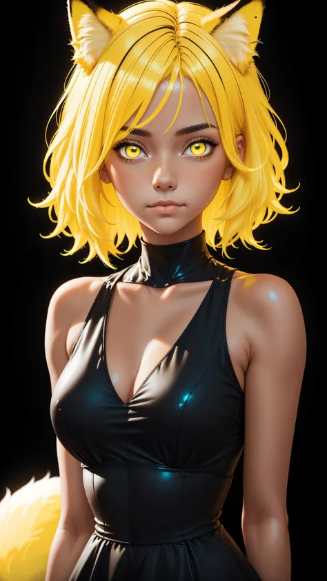 (glowing-neon-yellow-hair), fox girl, upper body portrait, 1girl, black-dress, fit girl, black background, <lora:lukethighwalkerneonv9sd15:0.6>