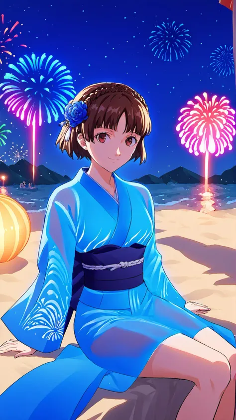 <lora:lukethighwalkerneonv9:1> glowing-neon-colour-clothing, blue, <lora:MakotoP5-pdxl:0.8> okiMako, short hair, crown braid, blue kimono, hair flower, smile, japan, night, sitting, summer festival, (fireworks:1.15), beach,, score 9, score 8 up, score 7 up, score 6 up, score 5 up, score 4 up,