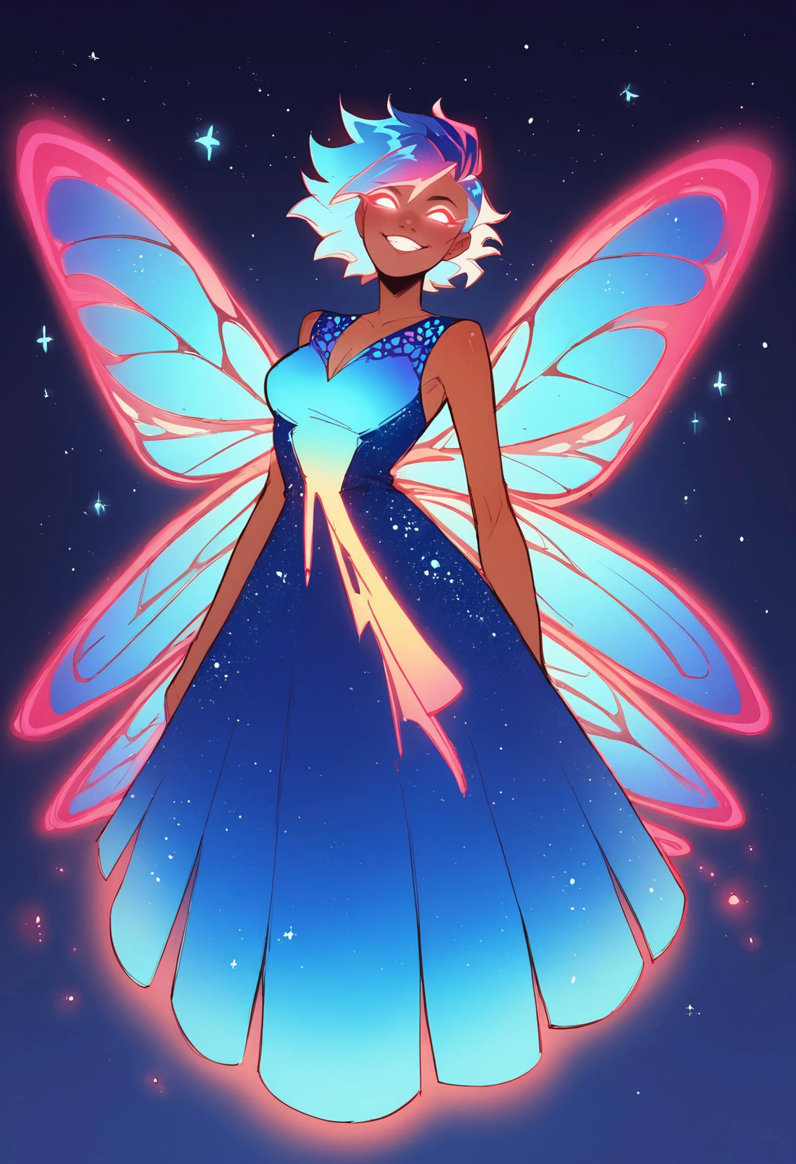 score_9_up, score_8_up, score_7_up, source_cartoon, starry night sky, pixie, butterfly wings, (glowing-neon-skin), glowing-neon-dress, glowing-neon-hair, 1girl, glowing-eyes, devious smile, <lora:lukethighwalkerneonponyv7:0.6>