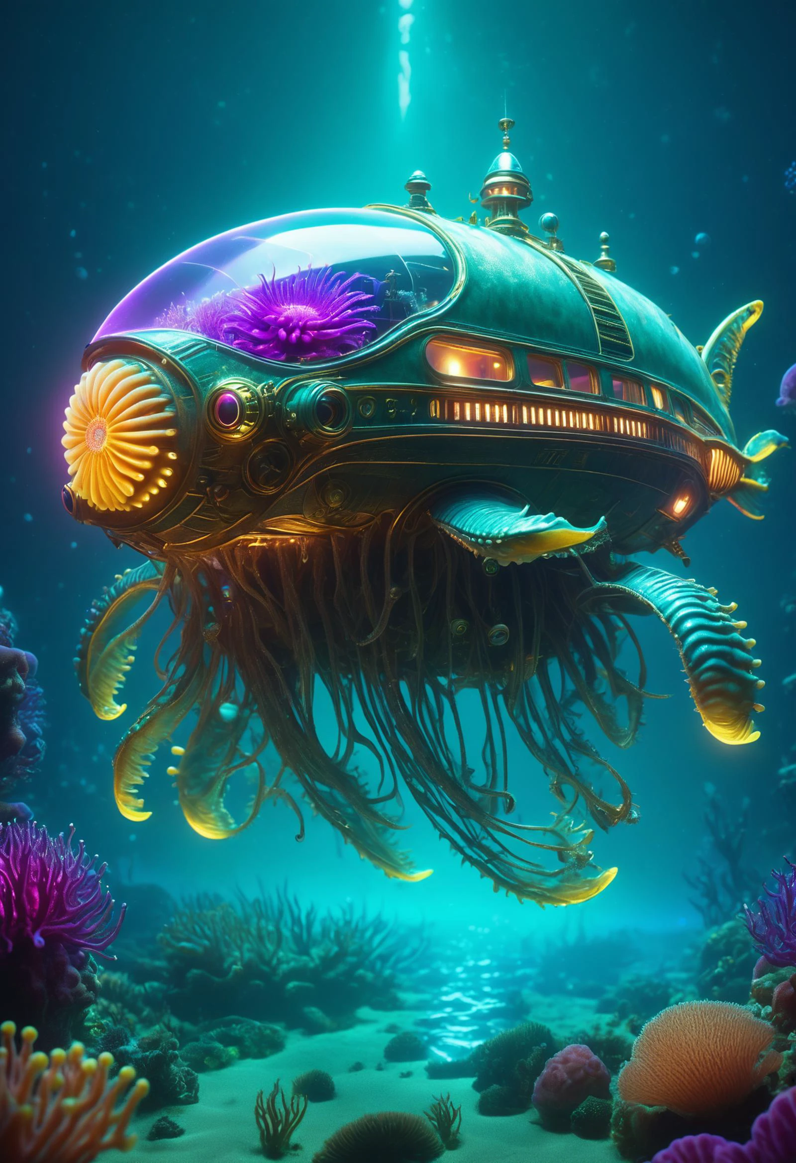 whimsical, fantasy concept art, reality-shot, realism, realistic photography of a cute alien lifeform covered with sea anemone, steampunk airship, art deco, ultra sharp, intricate details <lora:lukethighwalkerneonv9sdxl:0.8> luminescent-glowing-neon-style, glowing, neon