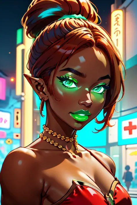 anime, simple, vibrant colors, (high res), HD, 4k, beautiful face, pretty face, cartoon, young, teen, <lora:anime_screencap_v2:.3> solo focus, solo, zoomed in,(up close face shot, close-up face shot:1.3), facing viewer, (city background:1.2, nighttime, street, plain background:1.2, simple background:1.3), (looking at viewer), 1girl, BREAK, smile, expressive, ((gerudo woman, elf ears, red hair, long ponytail, jewelry, necklaces), large eyes, green eyes, big earrings), piercing, navle piercing, long hair, very long,hair, <lora:fakelips_1:1> huge lips, lip filler, fakelips, high quality, face in view, detailed face, mature, painted nails, (green lipstick), mascara,(glowing-neon-green-eyes, glowing-neon-green-lipstick, ) <lora:big_hair-1.0:1> big hair, wide grin, bimbo, bimbo lips, green lips, <lora:lukethighwalkerneonv8sd15:.8> <lora:bodycon-cutout-v1-wasabiya:1> bodycon, red dress, bare shoulders, o-ring, navel cutout, bimbolips, massive lips, thick lips, puffy lips, (brown colored skin, African, dark-skinned female, very dark skin) <lora:Gerudo:.8> <lora:mrpotatoparty:.6> mrpotatoparty, ((<lora:Dskin_v1.0:1.3> dark skin))