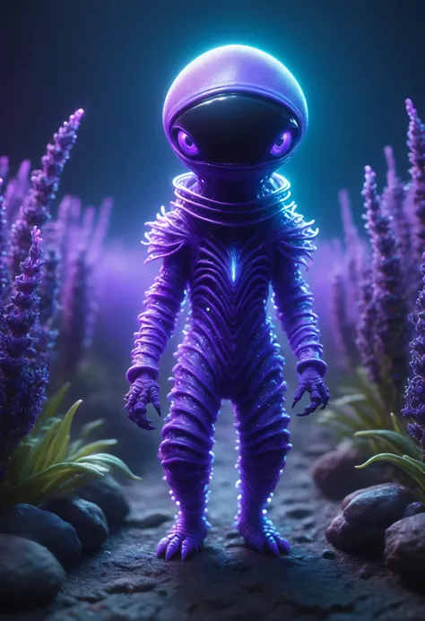 whimsical, fantasy concept art, reality-shot, realism, realistic photography of a cute alien lifeform covered with lavender, observatory catwalk, formal, ultra sharp, intricate details <lora:lukethighwalkerneonv9sdxl:0.8> luminescent-glowing-neon-style, glowing, neon