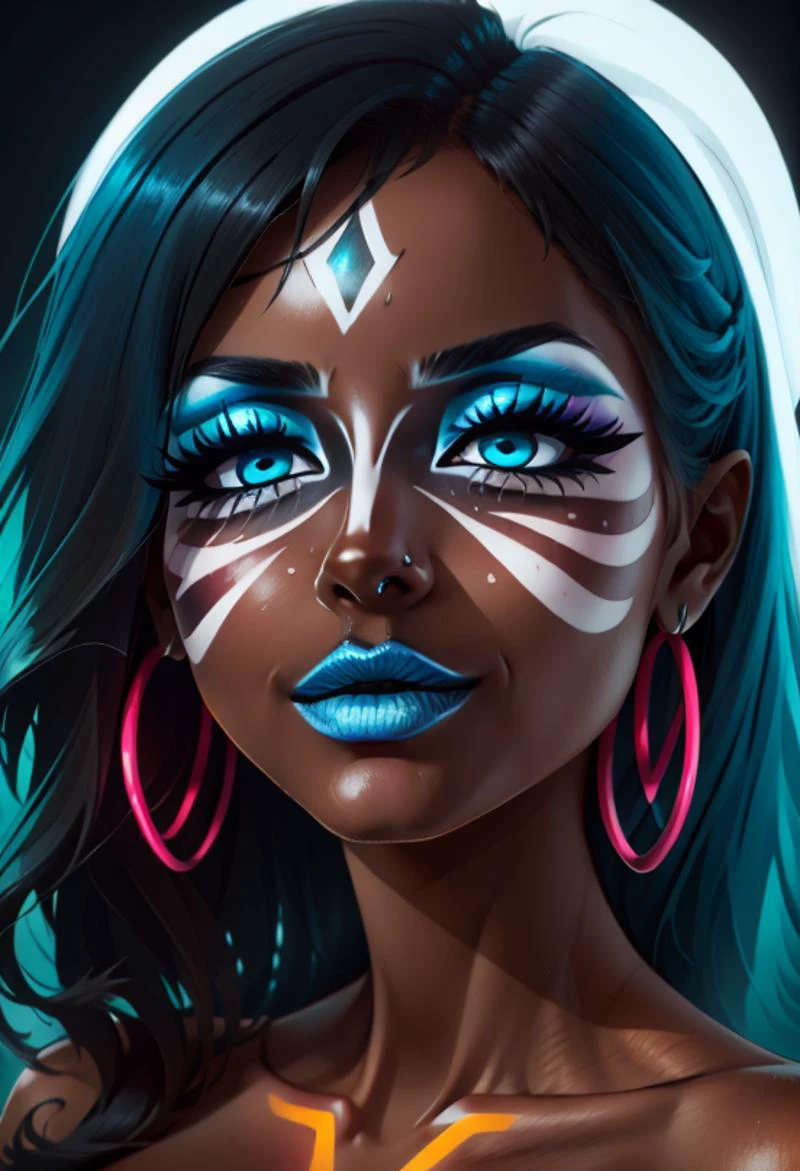 simple, vibrant colors, (high res), HD, 4k, ((best quality:1.3)), beautiful face, detailed face, realistic, 1(( face)), <lora:anime_screencap_v2:.3> solo focus, solo, zoomed in,(up close face shot, close-up face shot), facing viewer, (black background:1.2, plain background:1.2, simple background:1.3), (looking at viewer), 1girl, BREAK, smirk, ( persephone jackson, greek, toga, tall head, long black hair, (black hair), wave pattern hair, wave pattern, wave tattoo, ocean tattoo, sea green eyes, hoop earrings), high quality, face in view, detailed face, cute, long nails, red nails, painted nails, ( blue lipstick), mascara,(glowing-blue-eyes, glowing-blue-lipstick,) wide grin, bimbo, bimbo lips, blue lips, (yamanba:1.5), (white facepaint makeup:1.3, white face tattoo, makeup, blue eyeshadow,) (tanned skin, colored skin, dark-skinned female, very dark skin) <lora:retromanba:.6> <lora:lukethighwalkerneonsd15v6:.8> <lora:manba_v5:.5> <lora:fingerwave_hair_v1:1> finger wave hair, long hair,