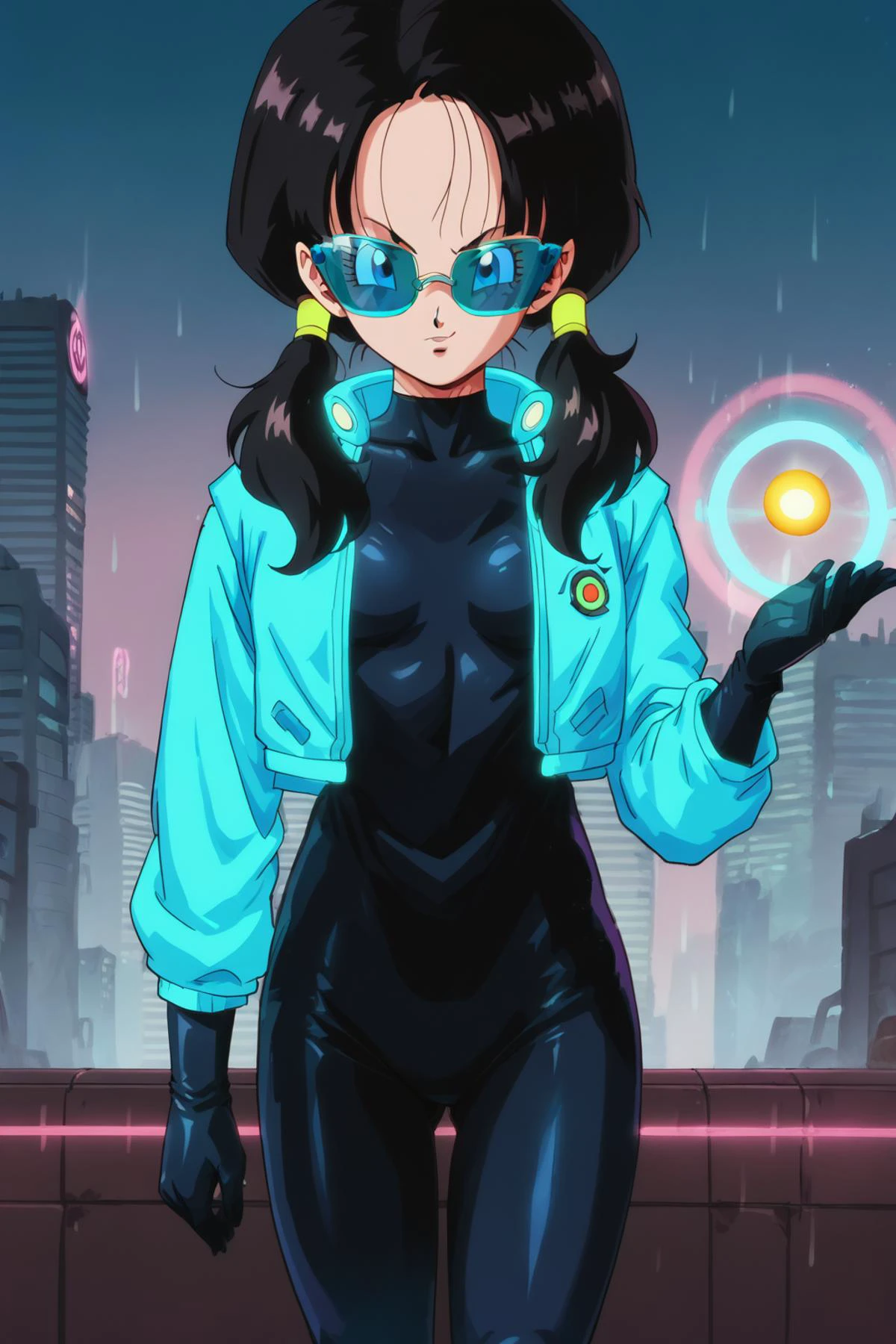 score_9, score_8_up, score_7_up,score_anime,anime screencap,1990s \(style\),1girl,solo,videldbz, black hair, blue eyes,,twintails,small breasts, masterpiece, looking at viewer,((glowing-neon-colour-clothing,glowing-neon-blue-jacket)),(bodysuit under clothes,black latex bodysuit,latex gloves, ),shiny clothes, <lora:lukethighwalkerneonv8:0.7>, <lora:Videl_pony_v1:0.8>,,energy, ((blue energy ball)),big energy ball,Holding the ball of energy,holding,tray,glowing-neon-blue- Cyberpunk glasses, cyberpunk, city, kowloon, rain