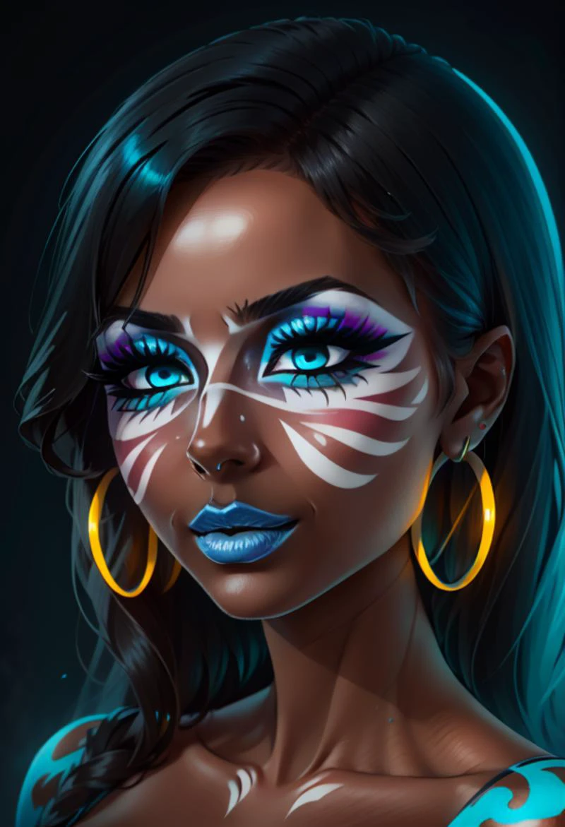 simple, vibrant colors, (high res), HD, 4k, ((best quality:1.3)), beautiful face, detailed face, realistic, 1(( face)), <lora:anime_screencap_v2:.3> solo focus, solo, zoomed in,(up close face shot, close-up face shot), facing viewer, (black background:1.2, plain background:1.2, simple background:1.3), (looking at viewer), 1girl, BREAK, smirk, ( persephone jackson, greek, toga, tall head, long black hair, (black hair), wave pattern hair, wave pattern, wave tattoo, ocean tattoo, sea green eyes, hoop earrings), high quality, face in view, detailed face, cute, long nails, red nails, painted nails, ( blue lipstick), mascara,(glowing-blue-eyes, glowing-blue-lipstick,) wide grin, bimbo, bimbo lips, blue lips, (yamanba:1.5), (white facepaint makeup:1.3, white face tattoo, makeup, blue eyeshadow,) (tanned skin, colored skin, dark-skinned female, very dark skin) <lora:retromanba:.6> <lora:lukethighwalkerneonsd15v6:.8> <lora:manba_v5:.5> <lora:fingerwave_hair_v1:1> finger wave hair, long hair,