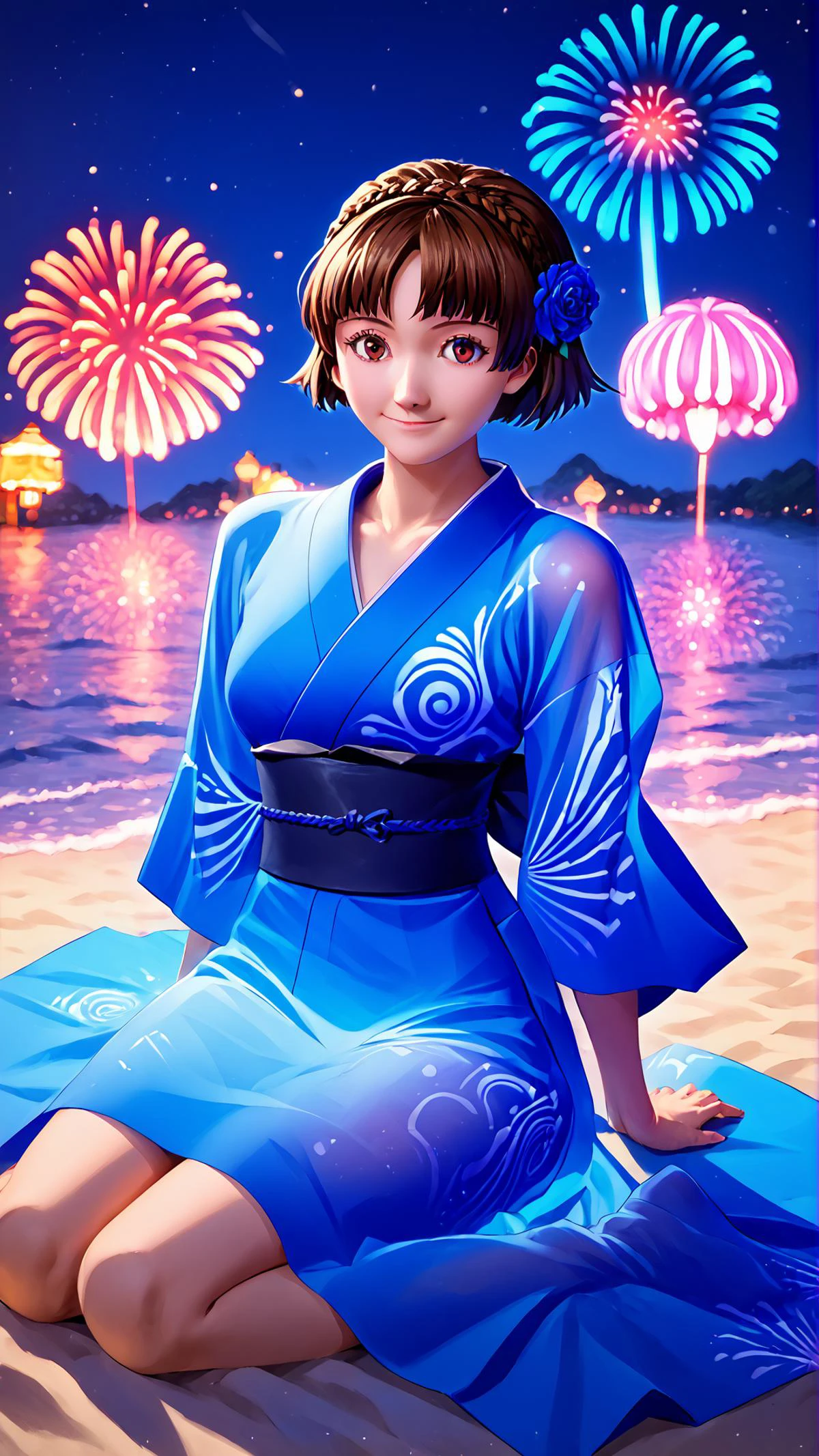 <lora:lukethighwalkerneonv9:1> glowing-neon-colour-clothing, blue, <lora:MakotoP5-pdxl:0.8> okiMako, short hair, crown braid, blue kimono, hair flower, smile, japan, night, sitting, summer festival, (fireworks:1.15), beach, <lora:RealisticAnime:0.35> (ultra realistic, 32k, masterpiece:1.2), (high detailed skin:1.1), (high quality:1.1), , bokeh, luminescent background,, score 9, score 8 up, score 7 up, score 6 up, score 5 up, score 4 up,