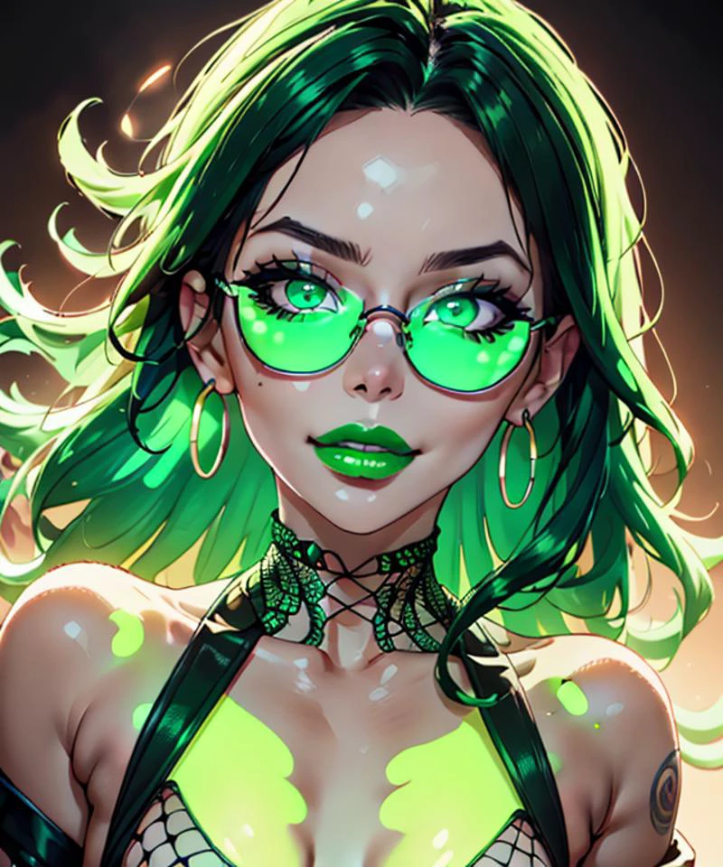 anime, simple, vibrant colors, (high res), HD, 4k, ((best quality:1.3)), beautiful face, detailed face, cartoon, <lora:anime_screencap_v2:.3> solo focus, solo, zoomed in,(up close face shot, close-up face shot:1.3), facing viewer, (rave background:1.2, plain background:1.2, simple background:1.3), (looking at viewer), 1girl, BREAK, smirk, ( lipstick, long hair, wavy black hair, green eyes, (glasses:1.3), spiderweb tattoo, breast tattoo (glowing-neon-green-fishnet-bodysuit),latex crop top, off shoulder, earrings), black hair, <lora:fakelips_1:1> huge lips, lip filler, fakelips, high quality, face in view, detailed face, cute, long nails, red nails, painted nails, ( toxic green lipstick), mascara,(glowing-neon-green-eyes, glowing-neon-green-lipstick, <lora:lukethighwalkerneonsd15v5:.4>) <lora:big_hair-1.0:1> big hair, wide grin, <lora:breastsizeslideroffset:-.8> <lora:fellatrix_style_v2:.7> fellatrix style, bimbo, bimbo lips, glowing-neon-purple-eyeshadow