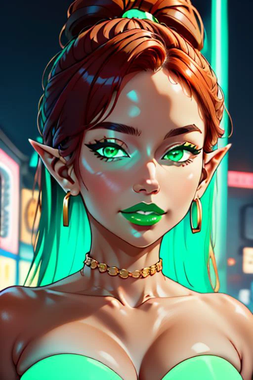 anime, simple, vibrant colors, (high res), HD, 4k, beautiful face, pretty face, cartoon, young, , <lora:anime_screencap_v2:.3> solo focus, solo, zoomed in,(up close face shot, close-up face shot:1.3), facing viewer, (city background:1.2, nighttime, street, plain background:1.2, simple background:1.3), (looking at viewer), 1girl, BREAK, smile, expressive, ((gerudo woman, elf ears, red hair, long ponytail, jewelry, necklaces), large eyes, green eyes, big earrings), piercing, navle piercing, long hair, very long,hair, <lora:fakelips_1:1> huge lips, lip filler, fakelips, high quality, face in view, detailed face, mature, painted nails, (green lipstick), mascara,(glowing-neon-green-eyes, glowing-neon-green-lipstick, ) <lora:big_hair-1.0:1> big hair, wide grin, bimbo, bimbo lips, green lips, <lora:lukethighwalkerneonv8sd15:.8> <lora:bodycon-cutout-v1-wasabiya:1> bodycon, red dress, bare shoulders, o-ring, navel cutout, bimbolips, massive lips, thick lips, puffy lips, (brown colored skin, African, dark-skinned female, very dark skin) <lora:Gerudo:.8> <lora:mrpotatoparty:.6> mrpotatoparty