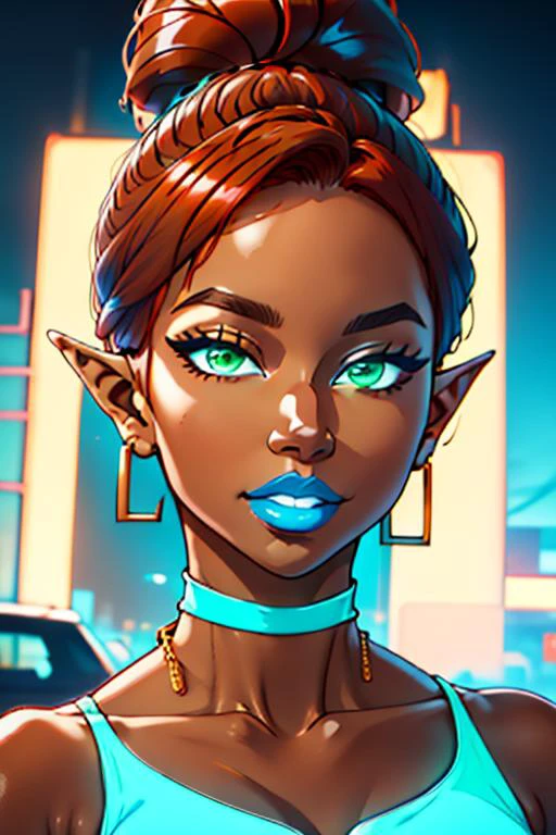 anime, simple, vibrant colors, (high res), HD, 4k, beautiful face, pretty face, cartoon, young, , <lora:anime_screencap_v2:.3> solo focus, solo, zoomed in,(up close face shot, close-up face shot:1.3), facing viewer, (city background:1.2, nighttime, street, plain background:1.2, simple background:1.3), (looking at viewer), 1girl, BREAK, smile, expressive, ((gerudo woman, elf ears, red hair, big ponytail, jewelry, necklaces), large eyes, green eyes, big earrings), piercing, navle piercing, <lora:fakelips_1:1> huge lips, lip filler, fakelips, high quality, face in view, detailed face, mature, painted nails, (dark blue lipstick), mascara,(glowing-neon-green-eyes, glowing-neon-dark blue-lipstick, ) <lora:big_hair-1.0:1> big hair, wide grin, bimbo, bimbo lips, blue lips, <lora:lukethighwalkerneonv8sd15:.8> <lora:bodycon-cutout-v1-wasabiya:1> bodycon, red dress, bare shoulders, o-ring, navel cutout, bimbolips, massive lips, thick lips, puffy lips, (brown colored skin, African, dark-skinned female, very dark skin) <lora:Gerudo:1> <lora:mrpotatoparty:.6> mrpotatoparty, ((<lora:Dskin_v1.0:1.3> dark skin))