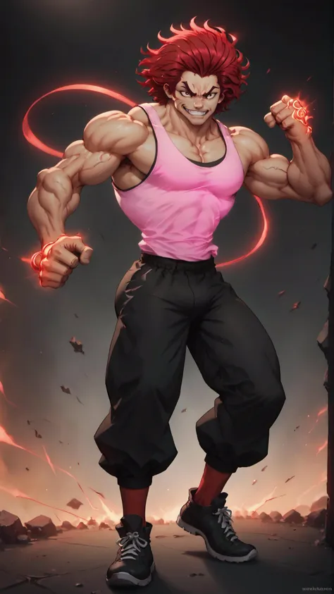 <lora:Char-YujiroHanma-pony:0.8> YujiroHanma, 1boy, male focus, solo, muscular male, pants, pupils, brown eyes, black footwear, red hair, manly, veins, evil grin, <lora:lukethighwalkerneonv8:0.8> glowing-neon-colour-clothing, red, tank top, thighhighs, fighting stance, octagon,, score 9, score 8 up, score 7 up, score 6 up, score 5 up, score 4 up,