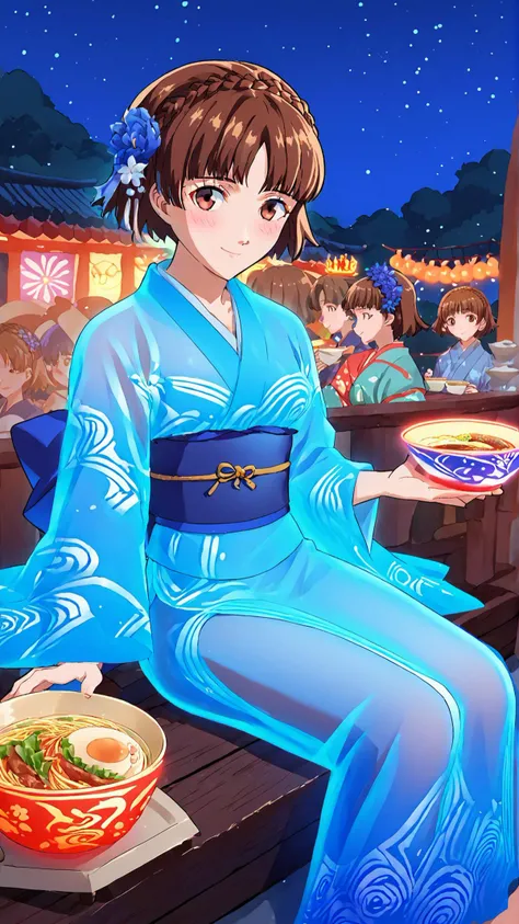 <lora:lukethighwalkerneonv9:1> glowing-neon-colour-clothing, blue, <lora:MakotoP5-pdxl:0.8> okiMako, short hair, crown braid, blue kimono, hair flower, smile, japan, night, cup ramen, sitting, summer festival, blush,, score 9, score 8 up, score 7 up, score 6 up, score 5 up, score 4 up,