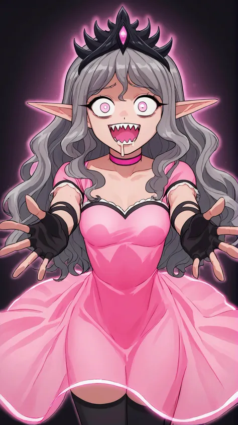 <lora:XL_Slaneesh:0.8> SlaneeshXL, grey hair, wavy hair, tiara, pink dress, pink choker, black fingerless gloves, black tighhighs, pointy ears, drooling, hungry, wide open eyes, sharp teeth, open mouth, reaching towards viewer, <lora:lukethighwalkerneonv9:0.8> glowing-neon-colour-clothing, pink, purple,, score 9, score 8 up, score 7 up, score 6 up, score 5 up, score 4 up,