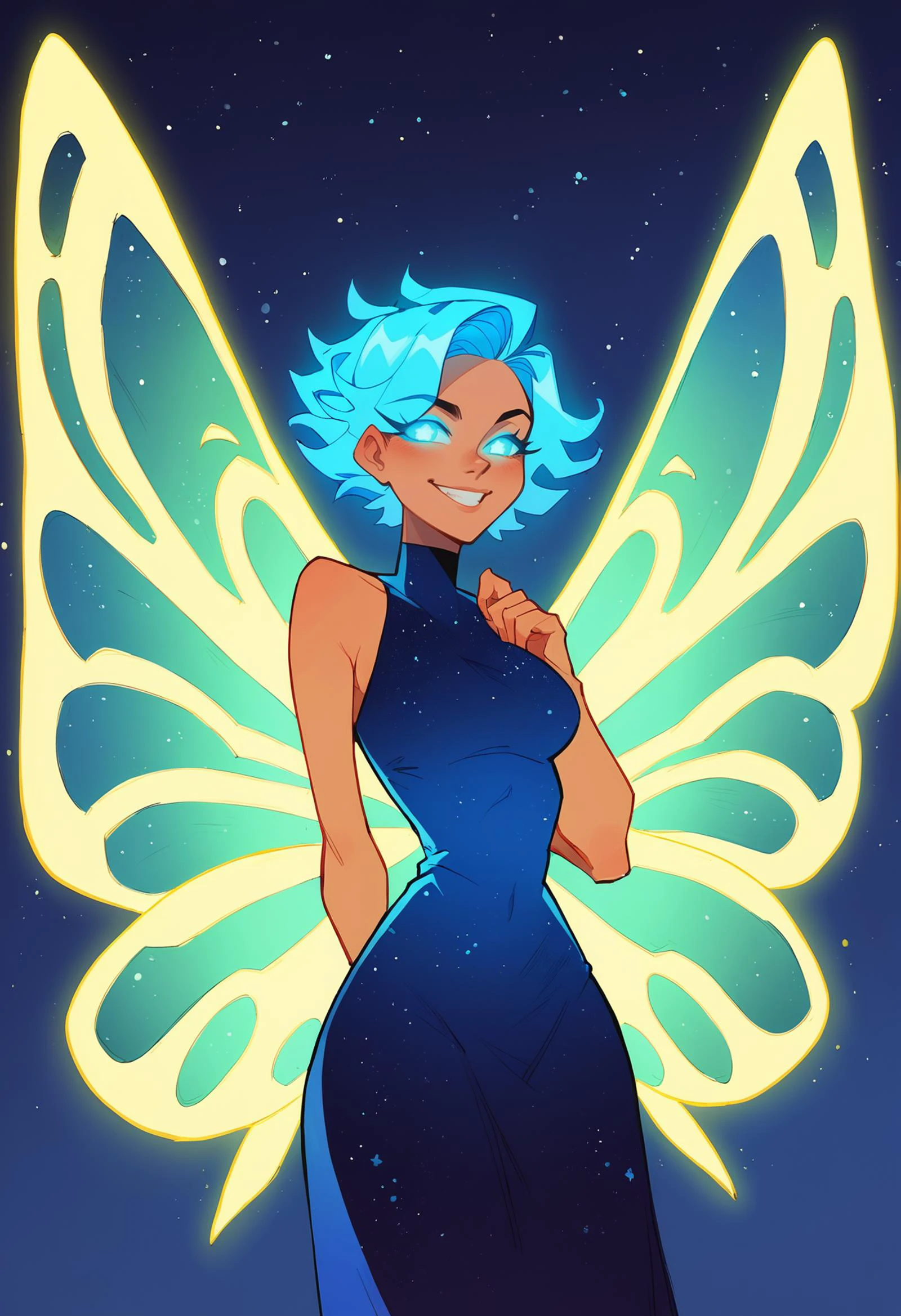 score_9_up, score_8_up, score_7_up, source_cartoon, starry night sky, pixie, glowing-neon-butterfly-wings, glowing-neon-dress, glowing-neon-hair, 1girl, glowing-eyes, devious smile, <lora:lukethighwalkerneonponyv7:0.6>