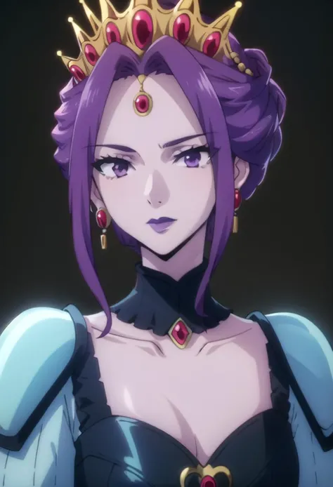 (masterpiece:1.4), (high res), HD, 4k, ((best quality:1.3)), beautiful face, detailed face, ultra-detailed, realistic,<lora:anime_screencap_v2:.3> solo focus, solo, zoomed in,(close-up face shot:1.3), facing viewer, (black background:1.2, plain background:1.2, simple background:1.3), (looking at viewer), 1girl, BREAK, smirk, (<lora:eft_shield_queen:0.85> EFT_Shield_Queen, 1girl, jewelry, purple hair, solo, purple eyes, earrings, crown, long hair, dress, upper body, single hair bun, gem, hair bun), (<lora:ColoredLipstick:1> (blue lips) (lipstick, blue lipstick)), <lora:lukethighwalkerneonsd15v7:1> (glowing neon purple dress), (glowing neon purple eyes)