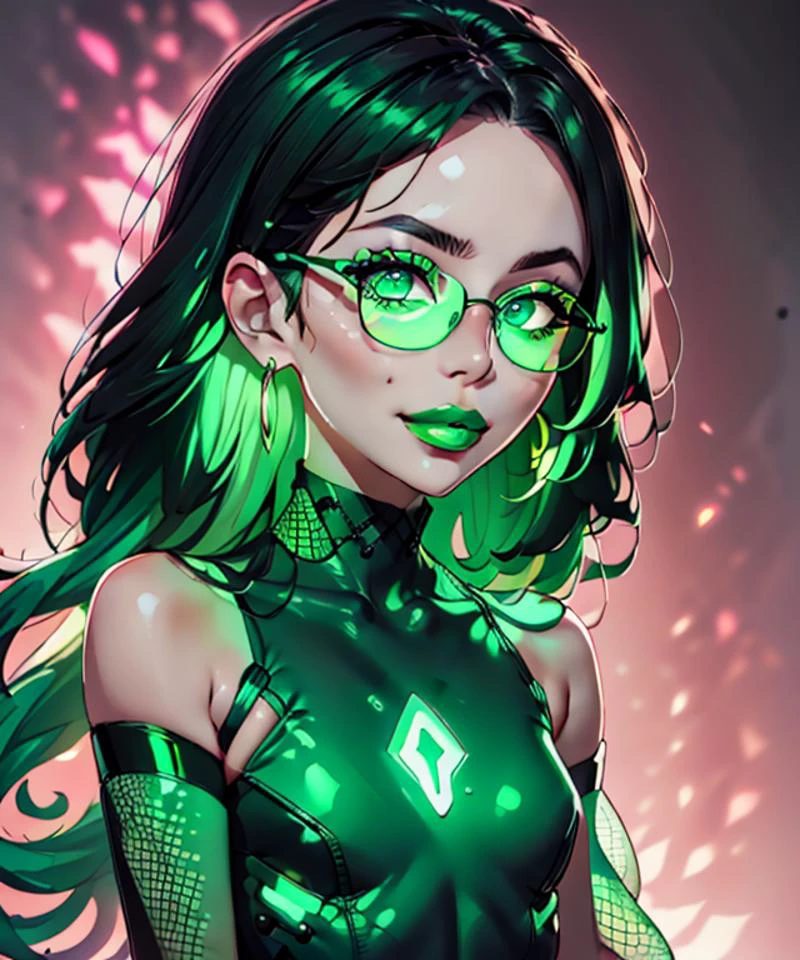 anime, simple, vibrant colors, (high res), HD, 4k, ((best quality:1.3)), beautiful face, detailed face, cartoon, <lora:anime_screencap_v2:.3> solo focus, solo, zoomed in,(up close face shot, close-up face shot:1.3), facing viewer, (rave background:1.2, plain background:1.2, simple background:1.3), (looking at viewer), 1girl, BREAK, smirk, ( lipstick, long hair, wavy black hair, green eyes, (glasses:1.3), spiderweb tattoo, breast tattoo (glowing-neon-green-fishnet-bodysuit),latex crop top, off shoulder, earrings), black hair, <lora:fakelips_1:1> huge lips, lip filler, fakelips, high quality, face in view, detailed face, cute, long nails, red nails, painted nails, ( toxic green lipstick), mascara,(glowing-neon-green-eyes, glowing-neon-green-lipstick, <lora:lukethighwalkerneonsd15v5:.4>) <lora:big_hair-1.0:1> big hair, wide grin, <lora:breastsizeslideroffset:-.8> <lora:fellatrix_style_v2:.7> fellatrix style, bimbo, bimbo lips, glowing-neon-purple-eyeshadow