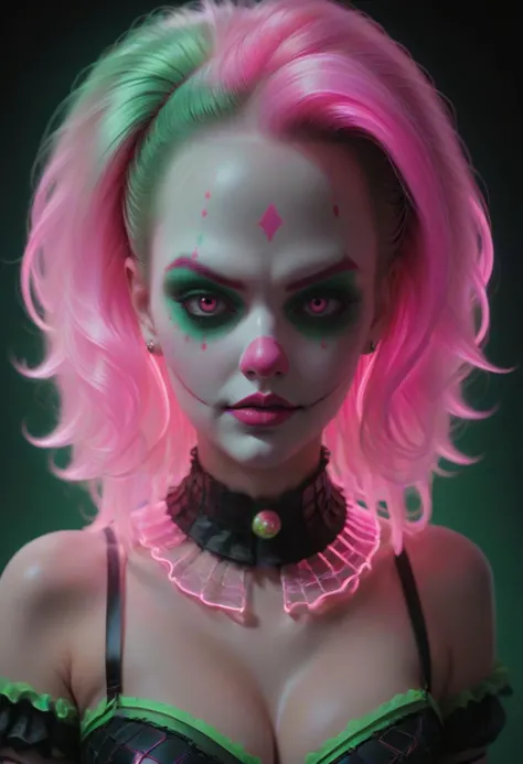 masterpiece, intricate details, digital painting of a evil clown, pink and green theme , dollstyle <lora:lukethighwalkerneonsdxlv7:1> glowing-neon-colour-clothing, hair, choker, fishnets