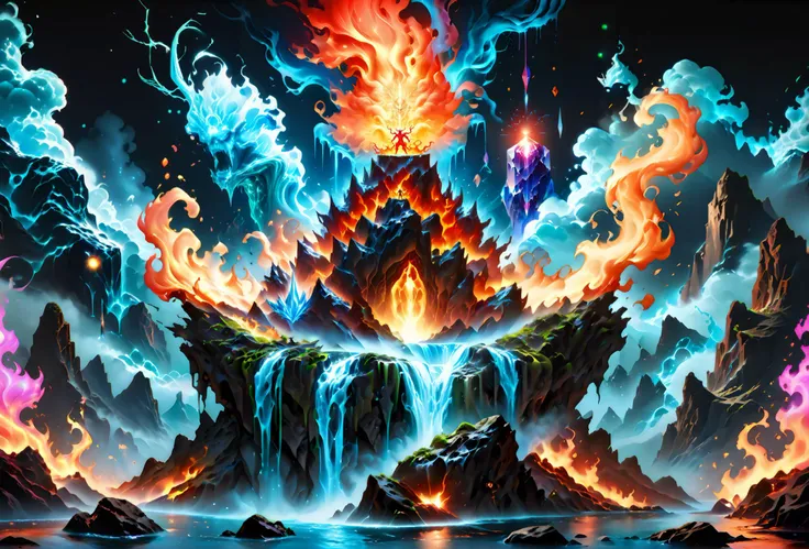 ((photograph of 3 elements clashing into a single point)),((concept art)), realistic, hyper realistic, fire clashing with water forming a steam giant and smashing apart earth, water crashing and expanding, neon, illumination, bioluminescence, earth crumbling and soaking, windy cloud clashing, Masterpiece, 8k, highly detailed, intricate details, glowing, neon,Solar flare style XL, Fiery_Hair, extremely zoomed out, tiny figure, small female demon in the background cultivating on top of a mountain with a crystal hovering above her head, epic Armageddon,
<lora:neonthighlingerieheelponyv3:0.7> <lora:Solar flare style:0.2> <lora:Fiery_Hair_Pony:0.2> <lora:StS_detail_slider_v1:1.6> <lora:SDXLFaeTastic2400:0.6>