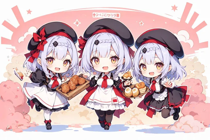 <lora:Noelle-v7.1:0.7>(chibi), 6+girls, kfc costume, beret, holding tray of food, smile, open mouth