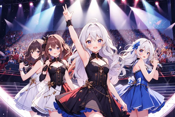 6+ girls,multiple colored hairs,random heroine clothes,random cute faces,idol,stage,light,audience,