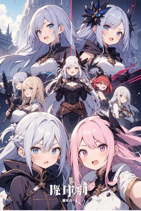 8+ girls, multiple colored hairs, fantasy clothes, pc game heroines, game op, anime op, opening title, title call, super disgust glaring, smug, open mouth, slant eyes, group shot, zoom camera, negative posing, from below