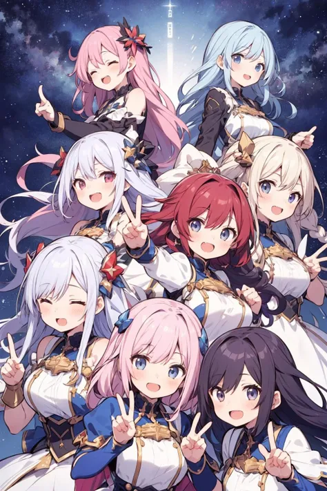 6+ girls, multiple colored hairs, random heroine clothes, random cute faces, game heroines, super happy smiling, open mouth, closed eyes, group shot, zoom camera, peace sign, happy end, starry sky