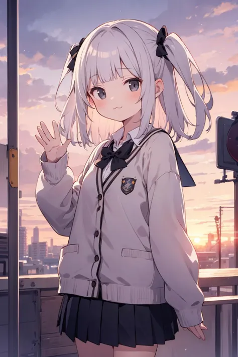 1girl, (sunset sky), standing and waving, school zone, cityscape, scenery, school cardigan, (sleeves past wrists), brawn loafers, black ash two side up hair, blunt bangs, beautiful black eyes, black knee socks, cinematic lighting, upper body, :3,