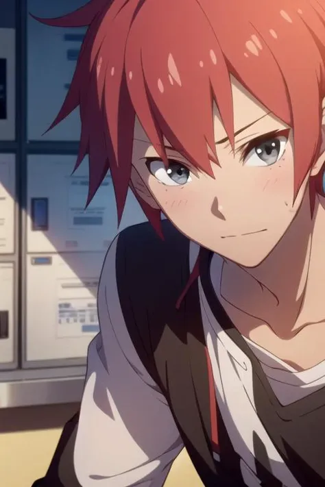 masterpiece, best quality, movie still, 1boy, solo, male focus, looking at viewer, , depth of field, anime coloring, realistic, <lora:takurou_sugawara:0.70>, takurou_sugawara, red hair, grey eyes, , , feminist science fiction, 32k resolution