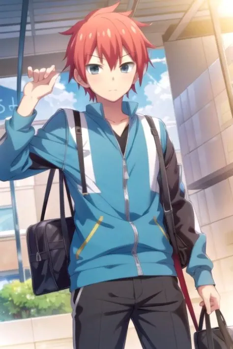 masterpiece, best quality, game cg, 1boy, solo, male focus, looking at viewer, , , anime coloring, , <lora:takurou_sugawara:0.72>, takurou_sugawara, red hair, grey eyes, easter costume, new wave science fiction,