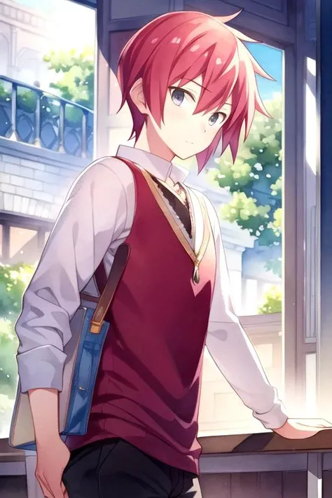 masterpiece, best quality, game cg, 1boy, solo, male focus, looking at viewer, , depth of field, (watercolor illustration, soft pastel colors:1.1), realistic, <lora:takurou_sugawara:0.66>, takurou_sugawara, red hair, grey eyes, , The Valley of the Damned,