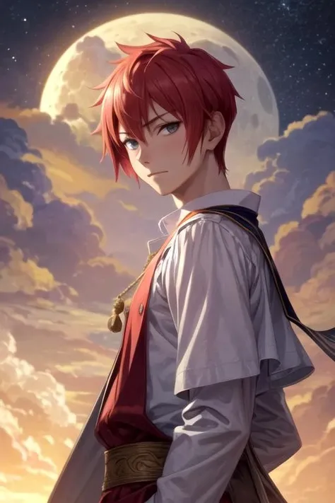 masterpiece, best quality, illustration, 1boy, solo, male focus, looking at viewer, upper body, , , realistic, <lora:takurou_sugawara:0.66>, takurou_sugawara, red hair, grey eyes, greek costume, lunar base,