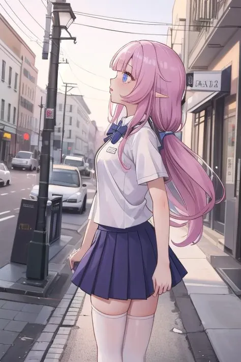 <lora:char-Honkai-Elysia:0.7> elysia, 
school_uniform, white shirt, short sleeves, pleted skirt, bowtie,white thighhighs,
long hair,
street,parted lips, side view, looking to the side