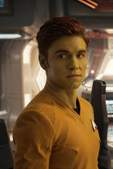 headshot of orion man, (green skin:1.25),  yellow stsnwunf uniform, sci-fi starship background, red hair, <lora:STSNW1024:0.8>,   <lora:race_st_orion:0.7>