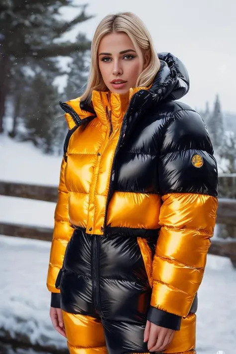 A stunning portrait of a young European woman with blonde hair, radiating elegance and beauty. She is dressed in a fashionable, colorful, shiny and glossy puffer down outfit. Yoked. The lighting is soft, highlighting her features and emphasizing the glossy texture of her clothes. Cinematic lighting, very cold, high resolution, winter fashion, realistic shading, digital painting, artstation, high closed, (tempting). hd and high detailed clothing. by parkasite.  <lora:Parkasite_v10:0.4>