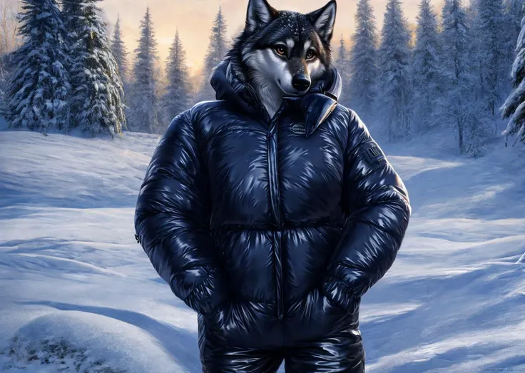 wolf, female anthro, female focus, large breasts, delicate eyes, delicate face, detailed face and body,  (down jacket, silky clothes, nylon pants:1.4), detailed shine, solo focus, from side, cowboy shot, snow, outdoors, beautiful details, realistic, highest quality, high detail, masterpiece, cinematic lighting, detailed ambient light, absurdres, highres, super high resolution, depth of field, no humans, <lora:Parkasite:1>