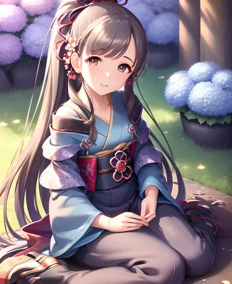 (wariza), ((Hydrangea)), ((Hydrangea garden:1.3)), [(dawn:1.3)::10], blurry background, cinematic angle, light particles, 8k,(ultra-detailed eyes:1.1), ultra-detailed, extremely detailed CG, (masterpiece:1.1), (best quality:1.4),extremely detailed CG, (post processing:1.4), (extremety fine and beautiful:1.4), cute girl, kobayakawa sae, a beautiful girl 15 yo, Her eyes shone like dreamy stars, sitting on the grass, architecture, sitting on the grass, breasts, black eyes, black_hair, detached_sleeves, east_asian_architecture, hair_ornament, high_ponytail, outdoors, tree, japanese_clothes, obi, kimono, leaf, long_hair, looking_at_viewer, ponytail, solo, collarbone, off-shoulder, smile, 
intricate detailed (iris, eyes), detailed backgorund,
detailed(hair, beautiful finely eyes, skin, cloth texture),CGI art,  <lora:Kobayakawa Sae-000006:0.8>