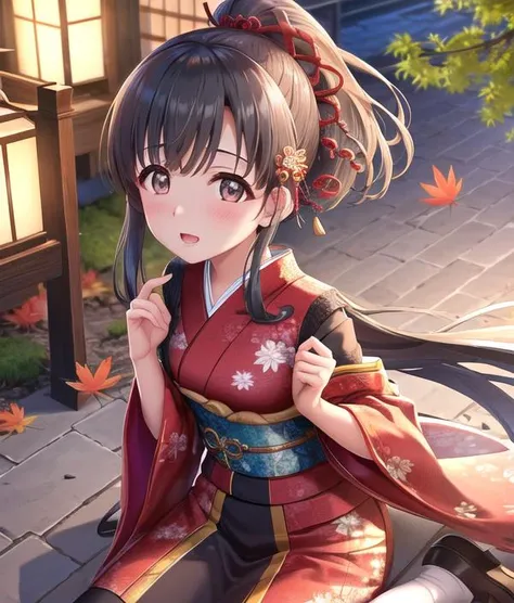 (high angle shot:1.4), blurry foreground, portrait, standing, 4k,(ultra-detailed eyes:1.1), ultra-detailed, extremely detailed CG, (masterpiece:1.1), (best quality:1.4),extremely detailed CG, (post processing:1.4), (extremety fine and beautiful:1.4), cute girl, Kobayakawa Sae, young girl, 1girl, architecture, autumn, autumn_leaves, breasts, black_hair, detached_sleeves, east_asian_architecture, fire, hair_ornament, high_ponytail , outdoors, japanese_clothes, kimono, leaf, long_hair, looking_at_viewer, maple_leaf, ponytail, solo, sparkle, sunset,, thighhighs, unsheathing, ,pov,
intricate detailed (iris, eyes),
detailed(hair, beautiful finely eyes, skin, cloth texture),CGI art, <lora:Kobayakawa Sae-000004:0.8>