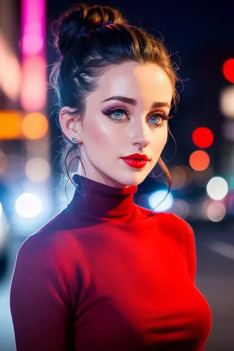 photo of katyp-3675:0.99, a woman, ((hair up, hair in bun, fancy updo), ((cowboy shot, waist, hips, thighs):1.1),((turtleneck sweater dress):1.3),((walking, outdoors, city street, at night):1.3),((red lipstick, heavy eyeliner, full makeup, heavy eye shadow):1.2),((best quality, masterpiece, extreme details):1.2), ((beautiful eyes, detailed eyes, detailed face, beautiful face):1.2)