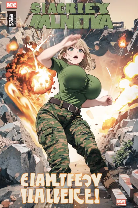 bootsnutes, <lora:bootsnutes3:0.6>, shirt tucked in, green shirt, t-shirt, camouflage pants, black belt, belt buckle, outdoors, 1girl, trail, mountain, running, gigantic breasts, <lora:BouncingBreastsV2:0.6>, bouncing breasts, unaligned breasts, motion lines, motion blur, rock, <lora:Comic:0.6>, comic cover, explosion