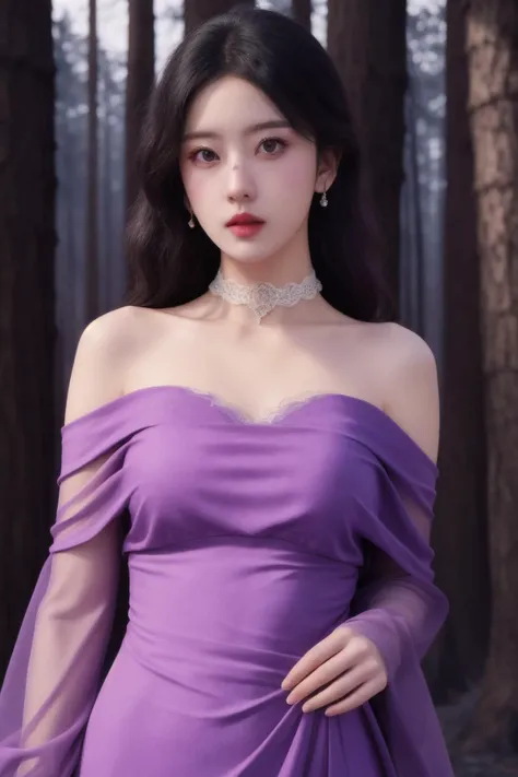 1girl, high quality,  looking at viewer,  grey background,,purple dress,see-through, , dress_hold,lace trim, center opening, choker, upper body, mole_on_nose, mole,thigh strap, off shoulder, 
in forest, bonfire,  night,
<lora:ip-adapter-faceid-plusv2_sd15_lora:0.63>   <lora:yE_v1:0.5>