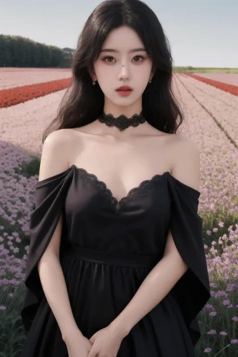 1girl, high quality,  looking at viewer,  grey background,,black dress,see-through, , dress_hold,lace trim, center opening, choker, upper body, mole_on_nose, mole,thigh strap, off shoulder, skin tight, shiny skin, 
in flower field,,
<lora:ip-adapter-faceid-plusv2_sd15_lora:0.63>   <lora:yE_v1:0.5>