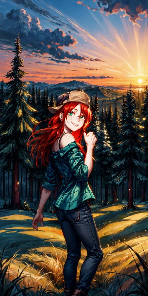 magnificent dusk sky, autumn, highly detailed AND highly detailed background, pine forest AND  <lora:wendy_corduroy:.65>,<lora:more_details:.4>, <lyco:LycoGoodHands-beta2:1>,<lora:add_detail:.7>,Wendy Corduroy, 1girl, solo, from behind, upper body, looking back at viewer, long red hair, wearing hat, green eyes, smiling, ((freckles)), (top off shoulder), raised hands AND highly detailed background, pine forest