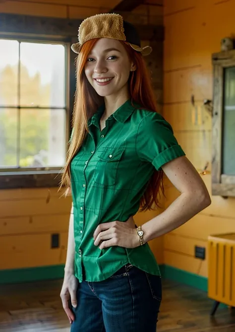 <lora:wendy_corduroy:0.6>, wendy corduroy,  masterpiece, best quality, 1girl, solo, hat, long hair, shirt, smile, orange hair, freckles, earrings, jewelry, green shirt, collared shirt, indoors,