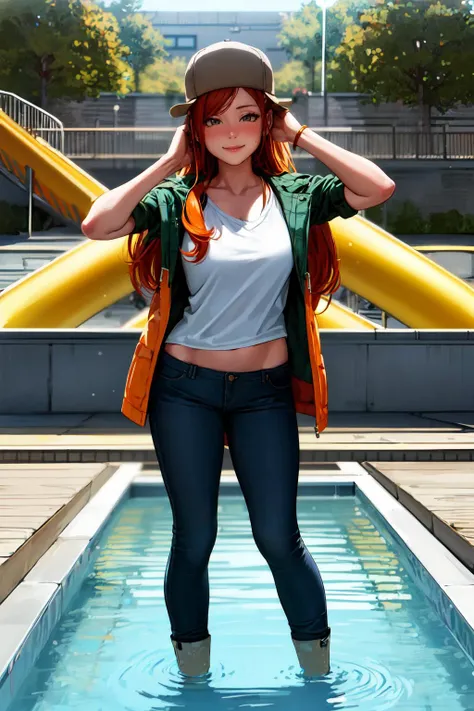 masterpiece, best quality, highres, 1girl, solo, wendy corduroy, orange hair, hat, pants, jeans, jacket, , standing, <lora:wendy_corduroy:0.6>, looking at viewer, water park, exhilarating slides, refreshing pools, fun-filled, <lora:add_detail:0.3>