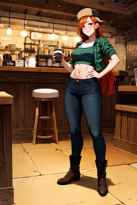 masterpiece, best quality, highres, 1girl, solo, wendy corduroy, orange hair, white crop top, midriff, hat, pants, jeans, jacket, sexy, standing, pose, <lora:wendy_corduroy:0.6>, looking at viewer, coffee shop, aromatic brew, cozy atmosphere, conversations, <lora:add_detail:0.3>