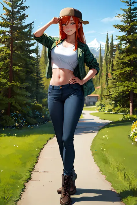 masterpiece, best quality, highres, 1girl, solo, wendy corduroy, orange hair, white crop top, midriff, hat, pants, jeans, jacket, sexy, standing, pose, <lora:wendy_corduroy:0.6>, looking at viewer, botanical park, diverse flora, serene walking paths, relaxation, <lora:add_detail:0.3>