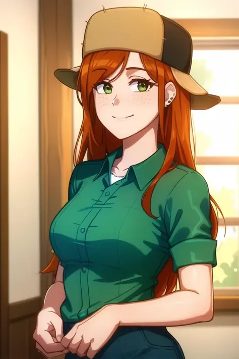 <lora:wendy_corduroy:0.6>, wendy corduroy, masterpiece, best quality, 1girl, solo, hat, long hair, shirt, smile, orange hair, freckles, earrings, jewelry, green shirt, collared shirt, indoors,